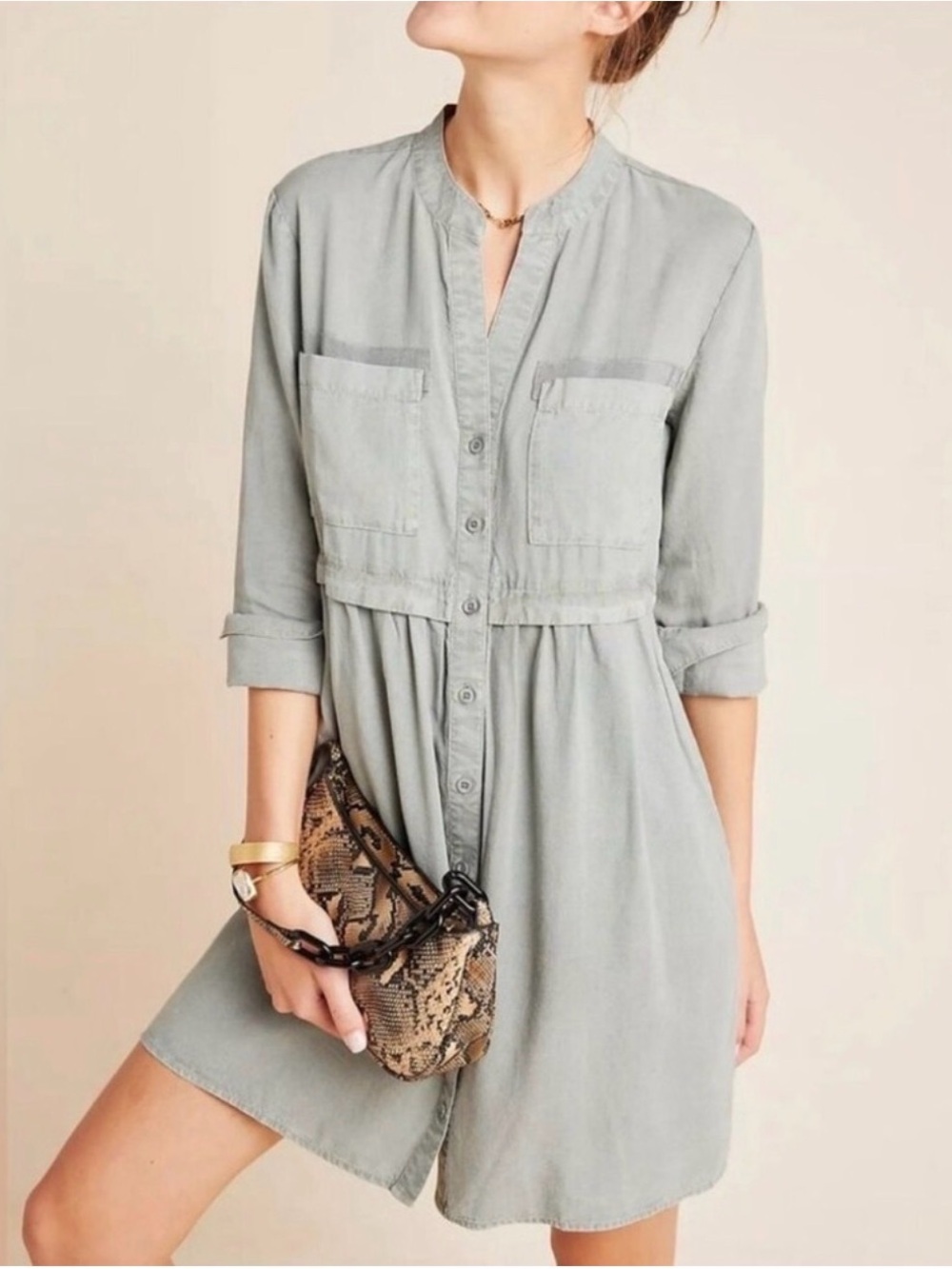 Anthropologie Cloth & Stone Light Green/Gray Button-Front Mini Shirt Dress Sz S